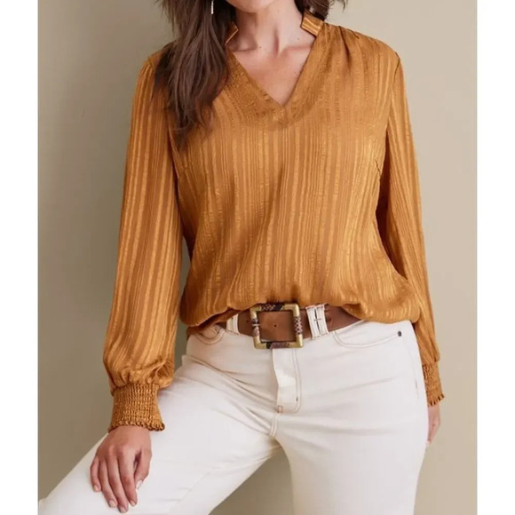 Soft Surroundings Jocelyn Top Large long sleeve gold striped v-neck. - Picture 1 of 9